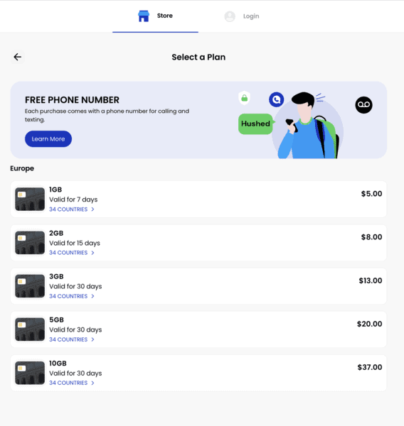 Free eSIM phone number made possible by Hushed with the Alosim eSIM