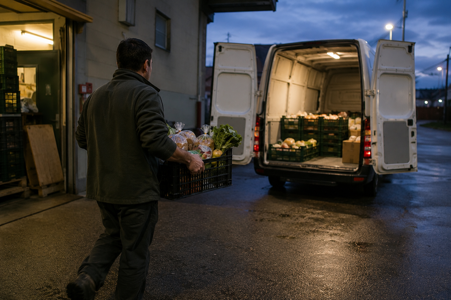 France Made It Illegal for Supermarkets to Throw Away Food: Where the Unsold Groceries Go 2 02 loading crate into unmarked van at dusk