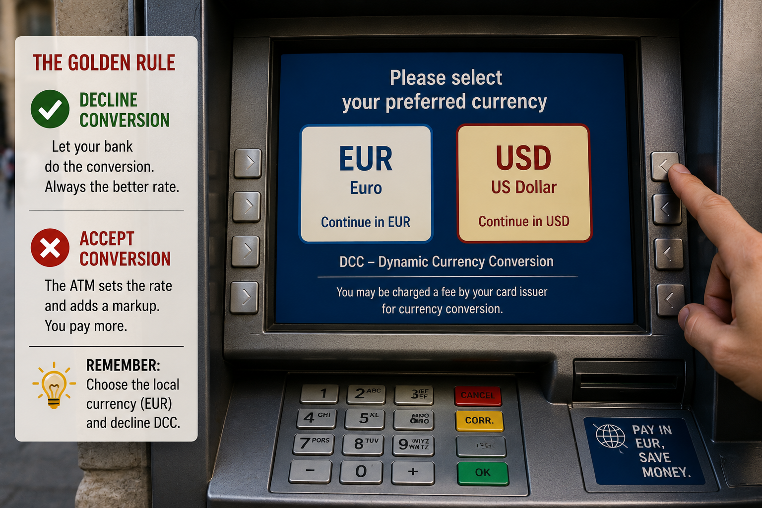 The Currency Button at European ATMs That Quietly Takes 5 Percent: Always Decline the Conversion 2 currency 3